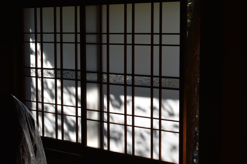 Artistic capture of a traditional shoji screen showing beautiful light and shadow patterns.